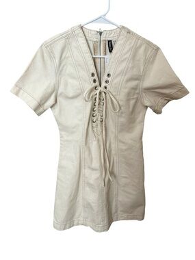 H&M Divided Denim Lace-Up Mini Dress Cream Contrast Stitch NWT Size XS
